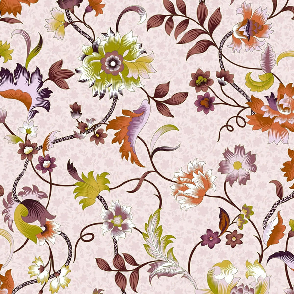 Marburg Heritage 47646 trailing floral wallpaper in warm brown, orange, and pink on a dusty rose background.