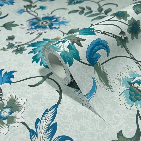 Marburg 47647 wallpaper close-up of large teal and blue floral vines on a light grey textured background, partially unrolled.