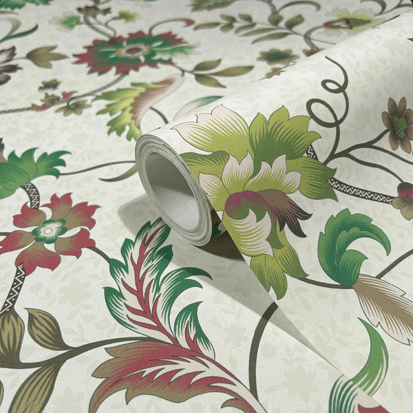 Marburg 47648 wallpaper roll close-up showing large green and red floral vines on a light textured background.