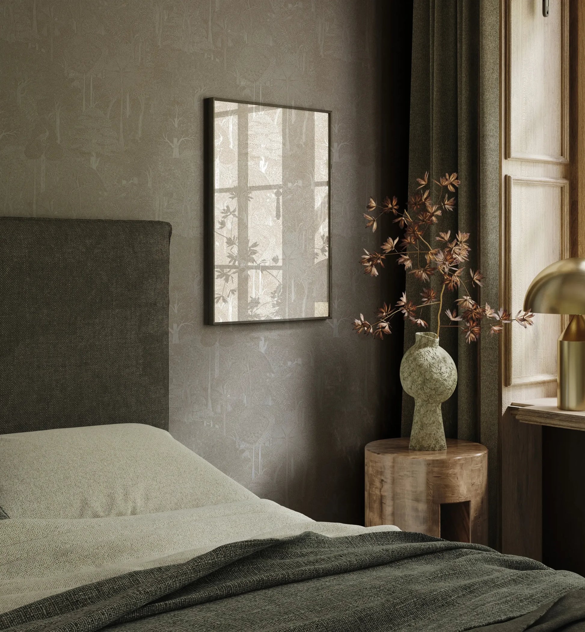 Marburg 47649 wallpaper in a calm bedroom feature wall behind an upholstered headboard, with framed art, a round wooden side table, a sculptural vase with branches, and a lamp by the window.