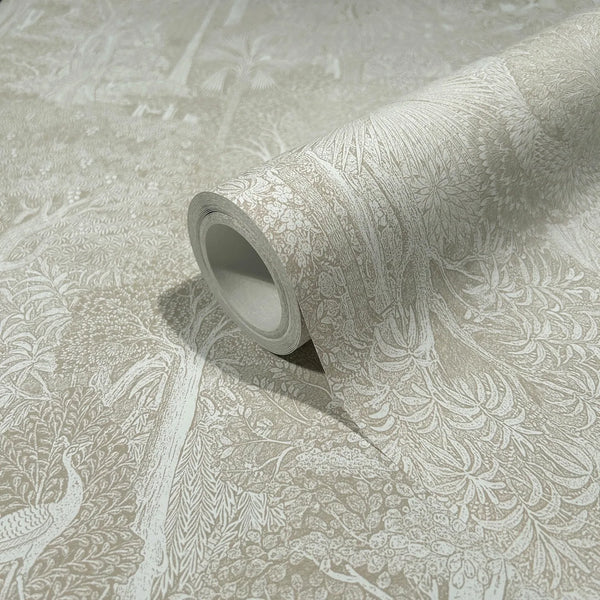 Marburg 47649 wallpaper roll close-up with intricate botanical forest and peacock pattern.