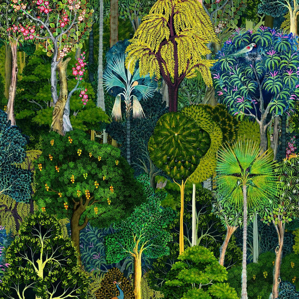 Marburg Heritage 47650 wallpaper with a dense forest landscape in cool greens and blues, detailed trees, foliage, and birds.