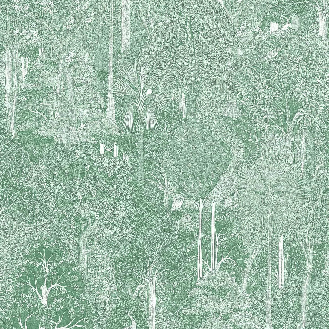 Marburg Heritage 47651 scenic forest wallpaper in sage green with fine white detailing of trees and birds
