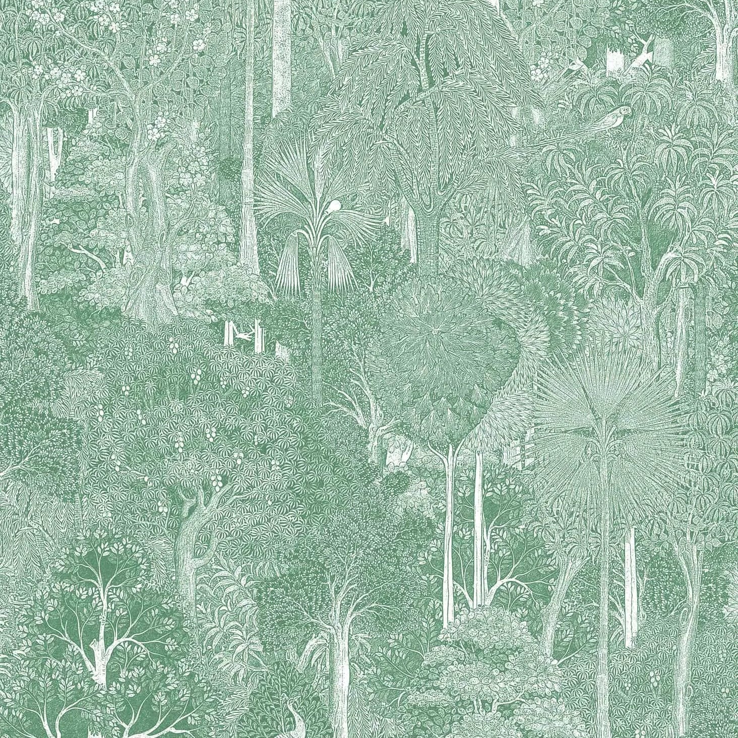 Marburg Heritage 47651 scenic forest wallpaper in sage green with fine white detailing of trees and birds