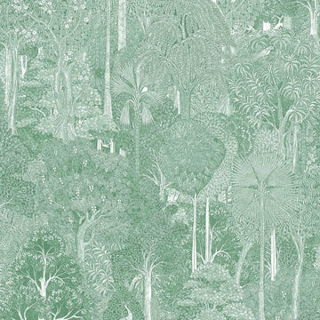 Marburg Heritage 47651 scenic forest wallpaper in sage green with fine white detailing of trees and birds
