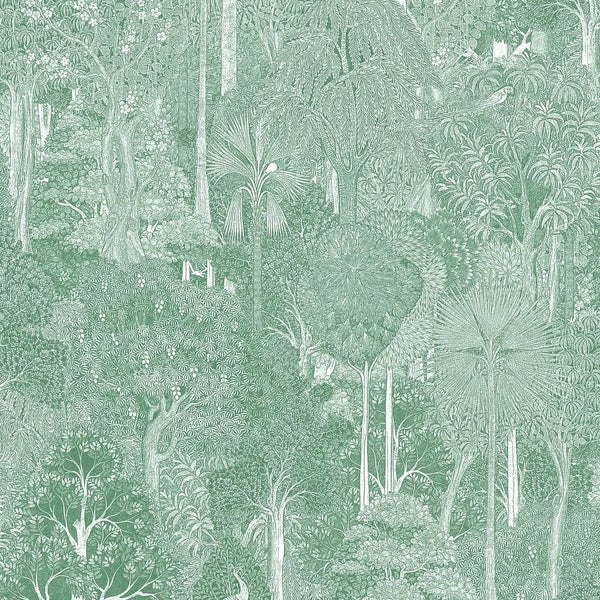 Marburg Heritage 47651 scenic forest wallpaper in sage green with fine white detailing of trees and birds
