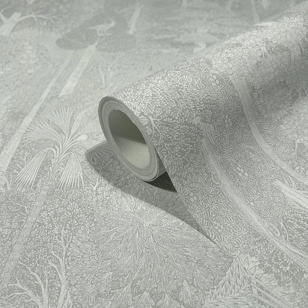 Marburg 47653 wallpaper roll close-up with intricate botanical forest illustration.