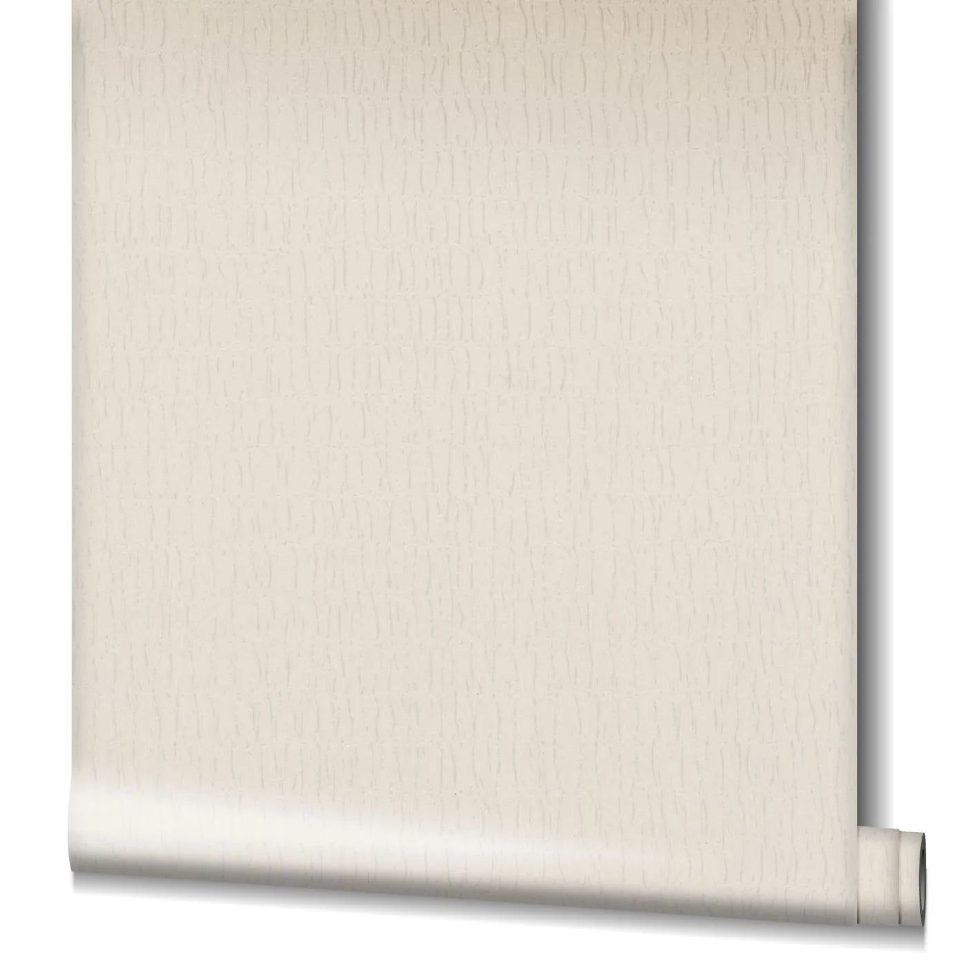 Marburg Kumano 34502 Partially unrolled beige wallpaper showing a subtle vertical wavy line texture, with the roll visible at the lower right on a plain backdrop.