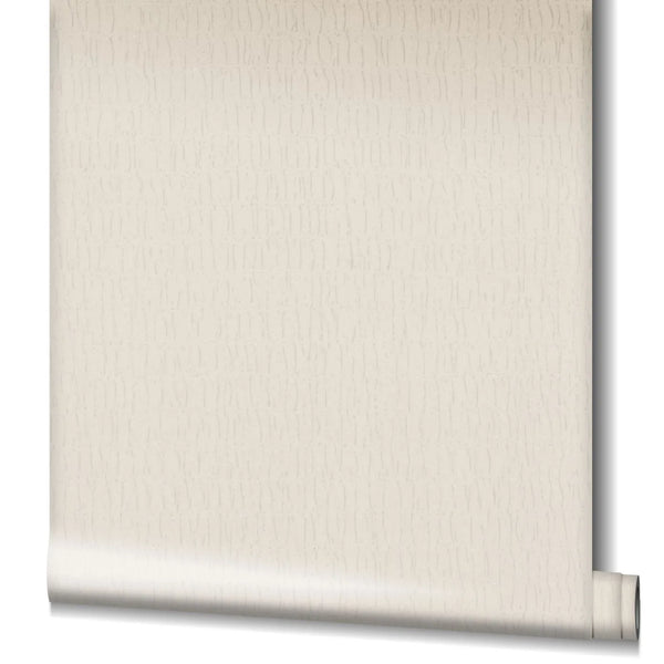 Marburg Kumano 34502 Partially unrolled beige wallpaper showing a subtle vertical wavy line texture, with the roll visible at the lower right on a plain backdrop.