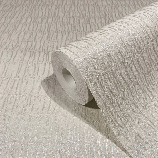 Marburg Kumano 34502 A beige wallpaper roll partially unrolled, showing a raised irregular vertical striation pattern with a subtle sheen.
