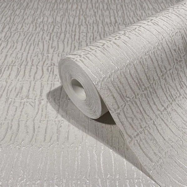 Marburg Kumano 34503 A gray wallpaper roll on a matching surface, showing an embossed irregular vertical line texture.