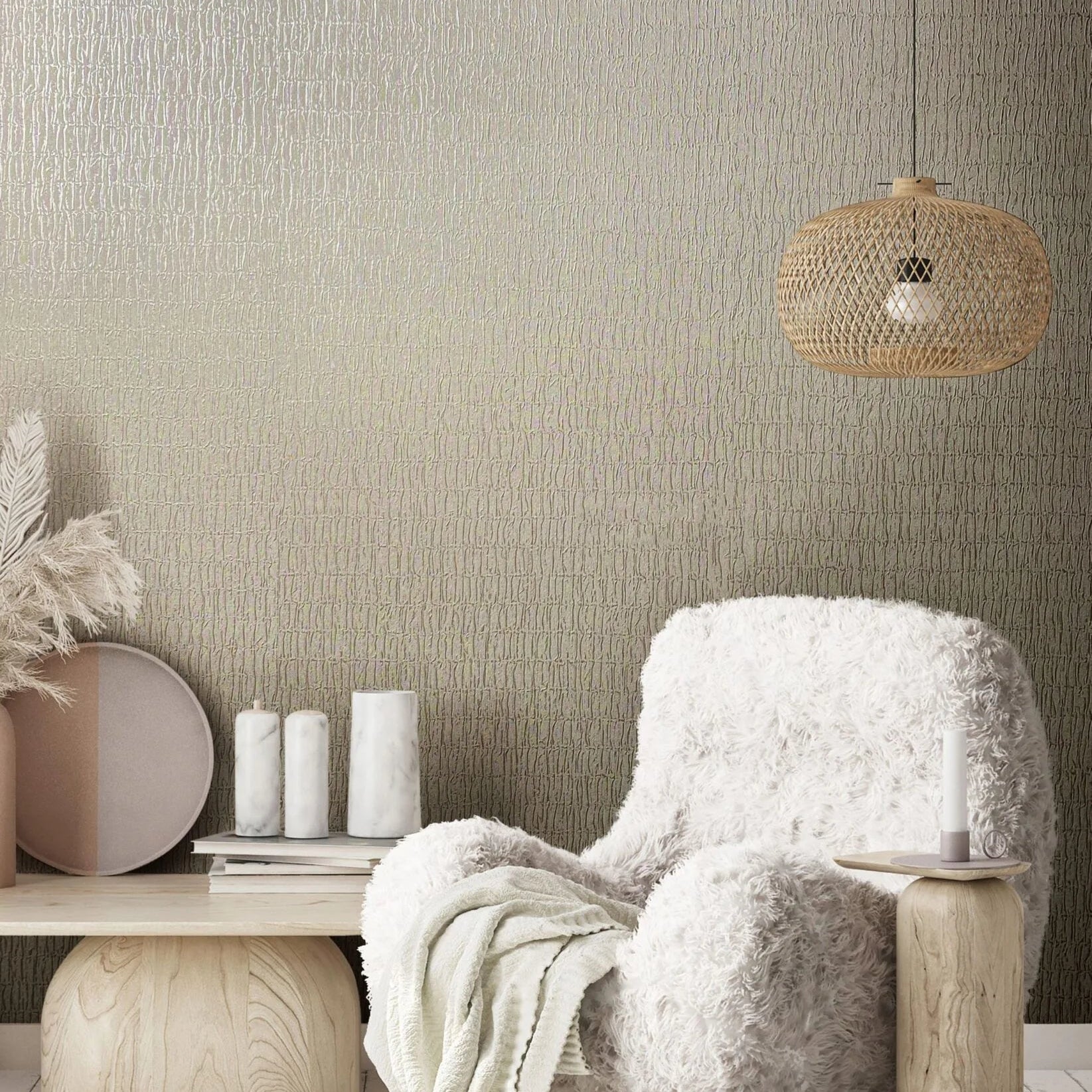 Marburg Kumano 34505 Beige wallpaper with fine, irregular vertical lines creating a subtle textured effect wallpaper on a living room feature wall.
