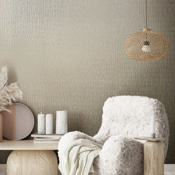 Marburg Kumano 34505 Beige wallpaper with fine, irregular vertical lines creating a subtle textured effect wallpaper on a living room feature wall.