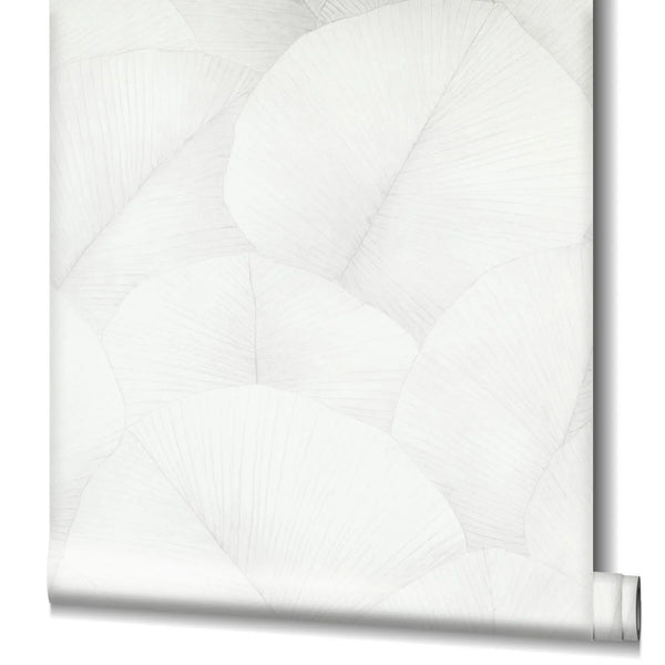 Marburg Kumano 34507 Partially unrolled wallpaper roll showing a white, tonal overlapping leaf pattern with fine linear veins on a plain background.