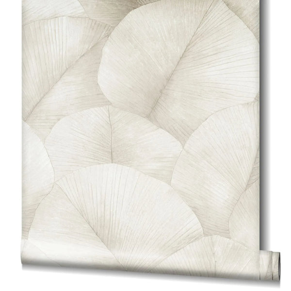 Marburg Kumano 34510 Partially unrolled wallpaper roll showing a light beige pattern of large overlapping, veined leaves.