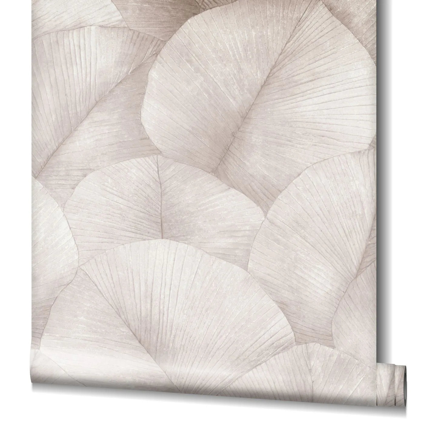 Marburg Kumano 34511 Partially unrolled wallpaper roll showing large overlapping leaves with fine veining and subtle tonal shading.