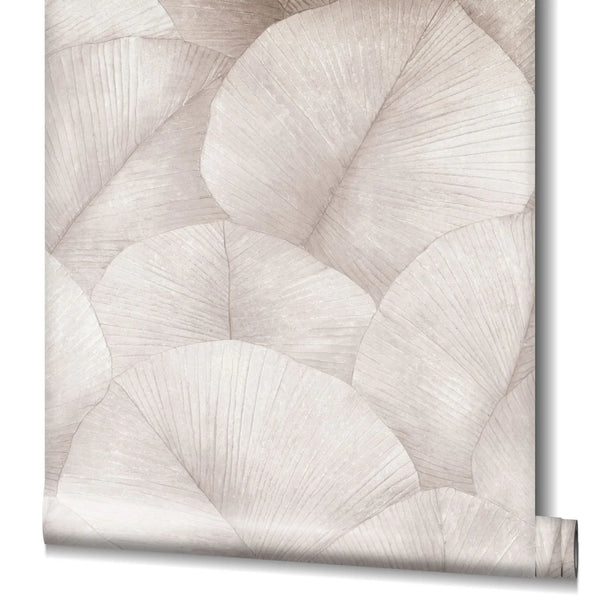 Marburg Kumano 34511 Partially unrolled wallpaper roll showing large overlapping leaves with fine veining and subtle tonal shading.