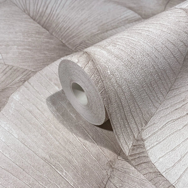 Marburg Kumano 34511 Close-up of a single wallpaper roll resting on an unrolled sheet, showing an embossed linear texture with irregular panel sections in a light neutral tone.