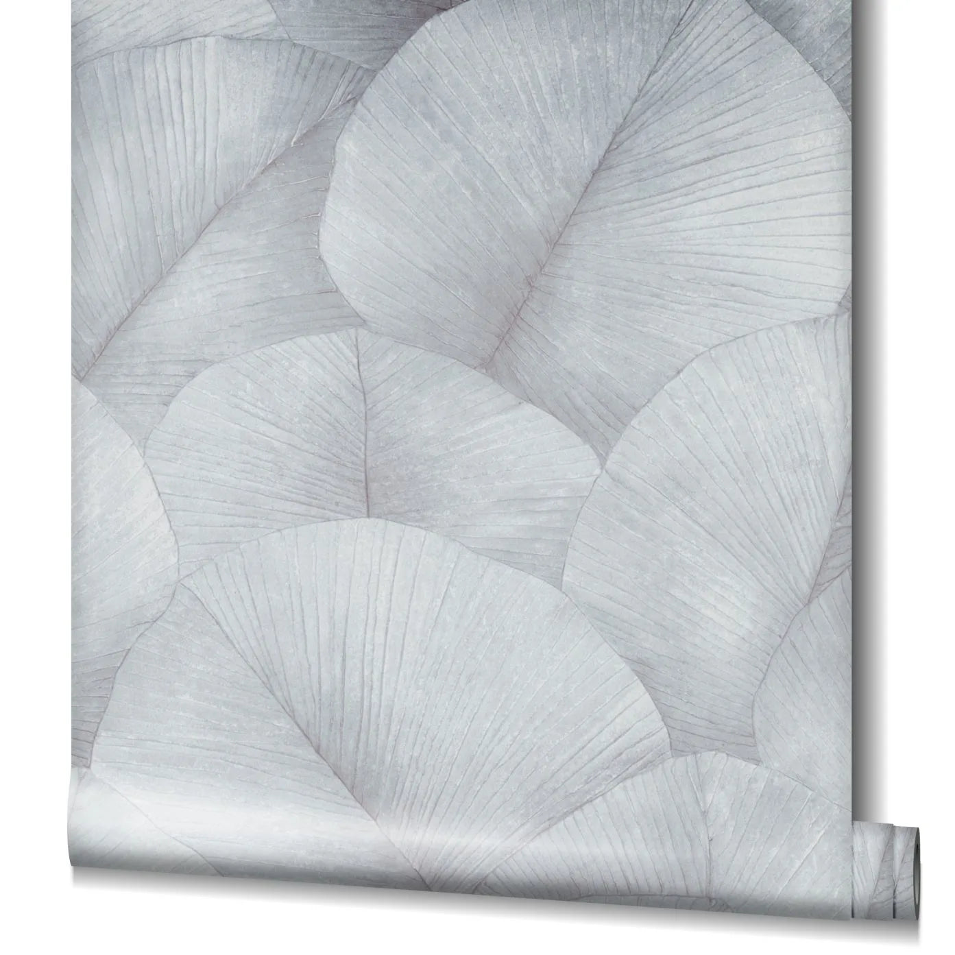 Marburg Kumano 34512 Partially unrolled wallpaper roll showing large overlapping leaf motifs in light gray on a white studio background.