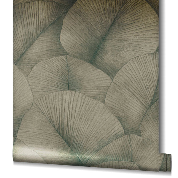 Marburg Kumano 34513 Partially unrolled wallpaper roll showing a large-scale overlapping leaf pattern with fine ribbed veins in muted green tones.