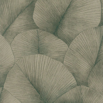 Marburg Kumano 34513 wallpaper with overlapping leafy botanical pattern in muted beige-green tones.