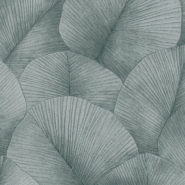 Marburg Kumano 34514 wallpaper with large overlapping ribbed leaves in silvery grey‑green tones.