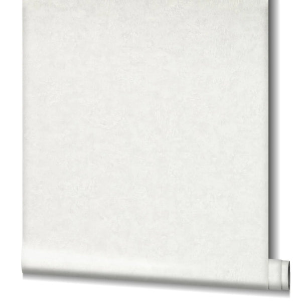 Marburg Kumano 34517 Partially unrolled white wallpaper roll showing a soft mottled texture, isolated on a white background.