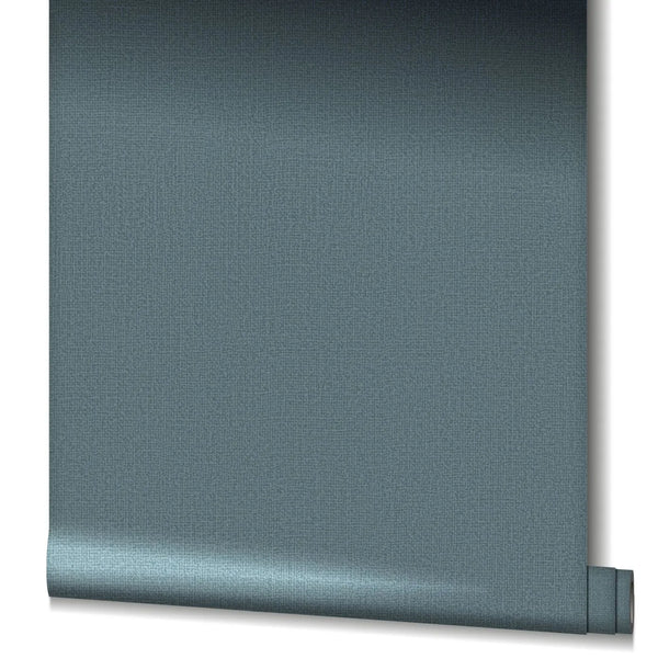 Marburg Kumano 34524 Partially unrolled blue textured wallpaper roll on a white background, showing a fine woven pattern.