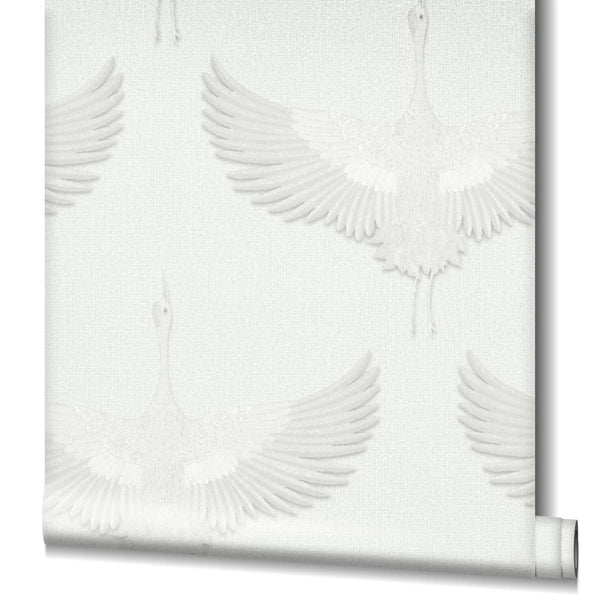 Marburg Kumano 34528 Wallpaper roll with a white-on-white pattern of flying cranes with outstretched wings in a subtle embossed texture.