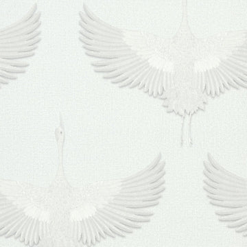 Marburg Kumano 34528 wallpaper with softly embossed cranes on a linen-like white ground.