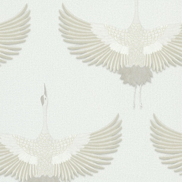 Marburg Kumano 34529 wallpaper with soft white and beige cranes on a linen-like ground