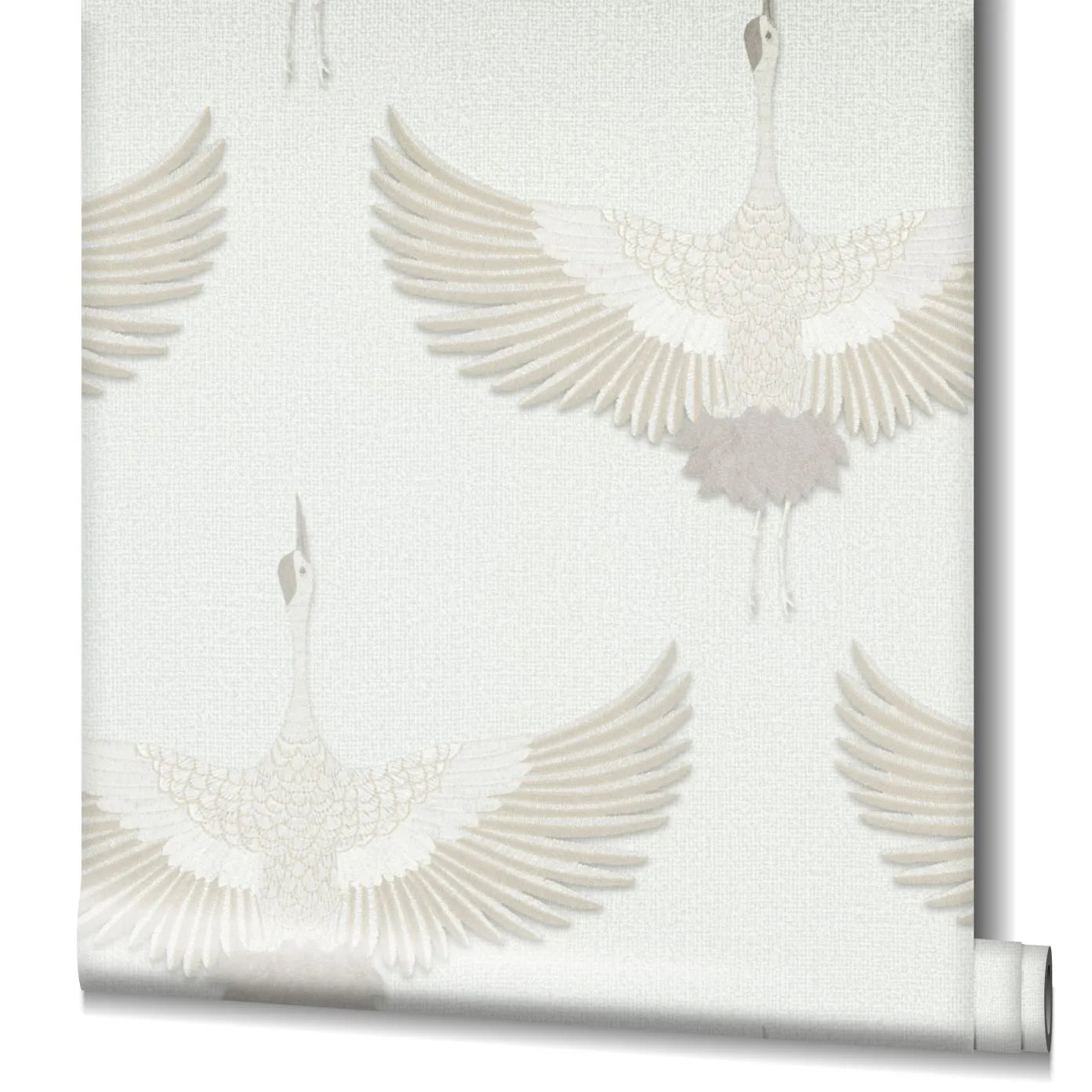 Marburg Kumano 34529 Partially unrolled wallpaper roll featuring beige and white cranes with outstretched wings on a light textured background.