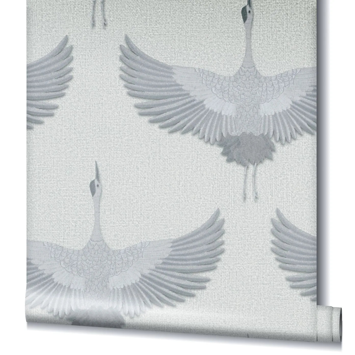 Marburg Kumano 34530 Wallpaper roll with a gray flying crane pattern on a light textured background.