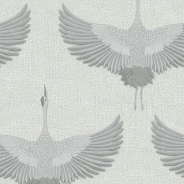 Marburg Kumano 34530 wallpaper with light grey cranes on a linen-like background.