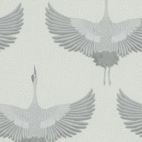 Marburg Kumano 34530 wallpaper with light grey cranes on a linen-like background.