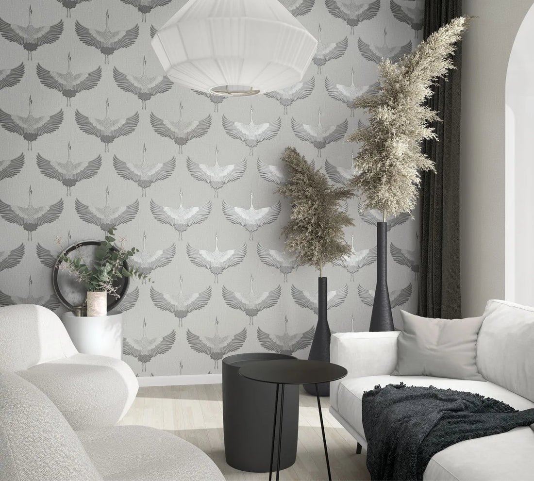 Marburg Kumano 34530 wallpaper with light grey cranes on a linen-like background.