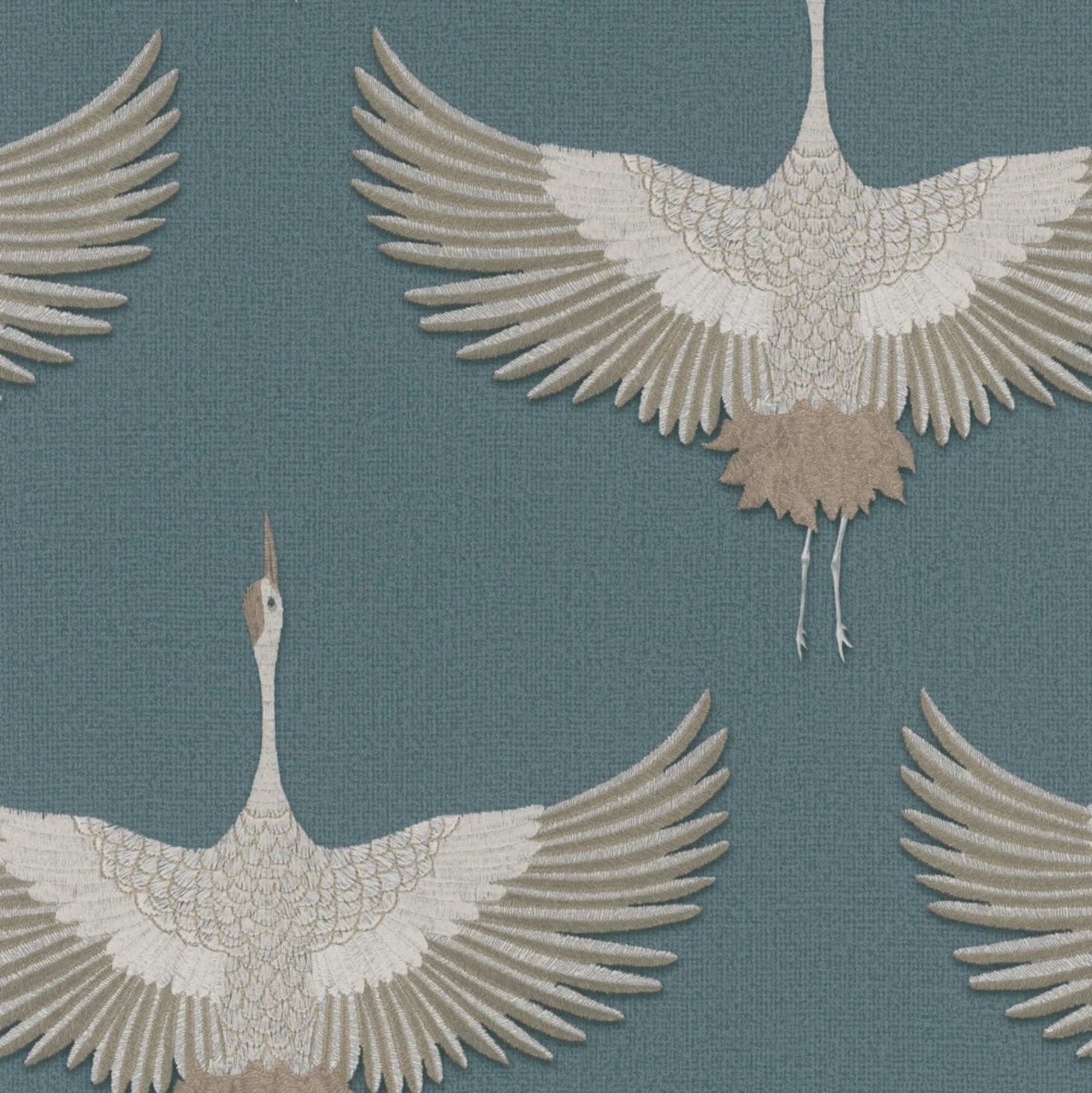 Marburg Kumano 34531 wallpaper with soaring cranes on a dusty blue linen-like background.
