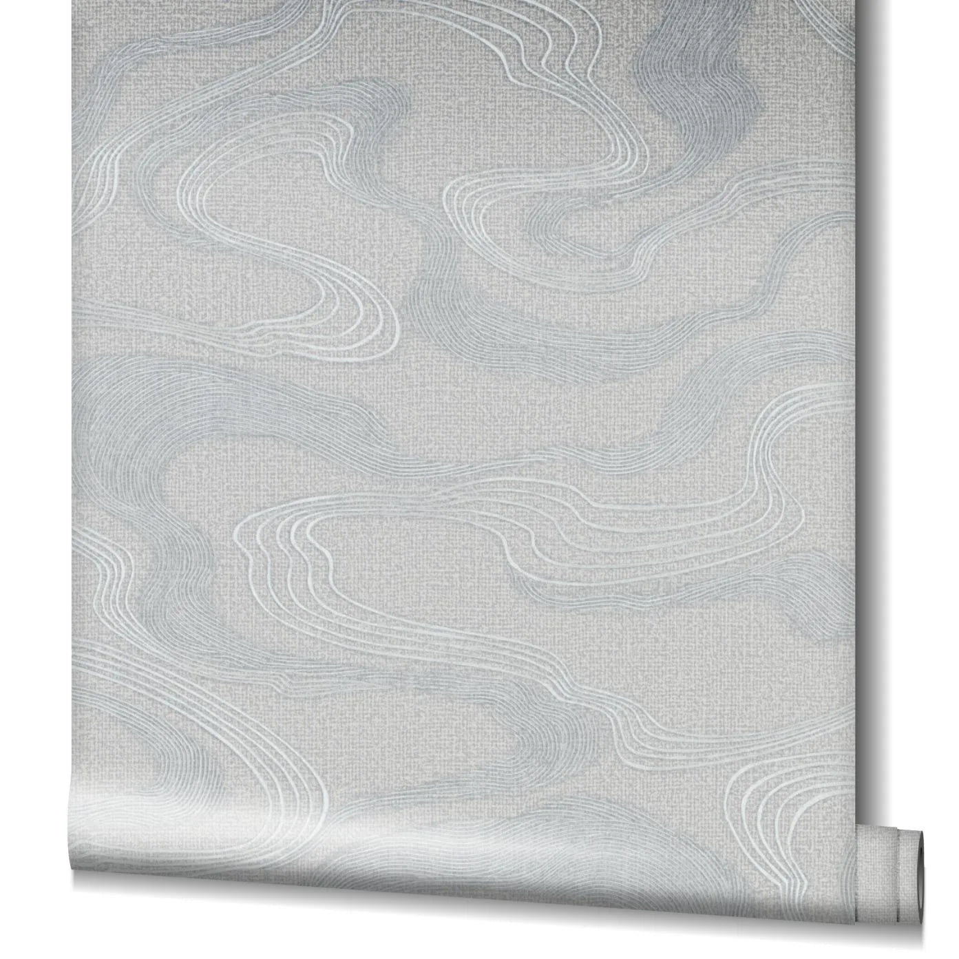 Marburg Kumano 34536 Partially unrolled wallpaper roll showing a light gray design with flowing contour-like lines on a subtle textured ground.