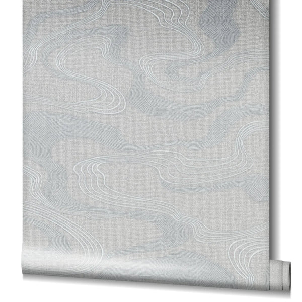 Marburg Kumano 34536 Partially unrolled wallpaper roll showing a light gray design with flowing contour-like lines on a subtle textured ground.