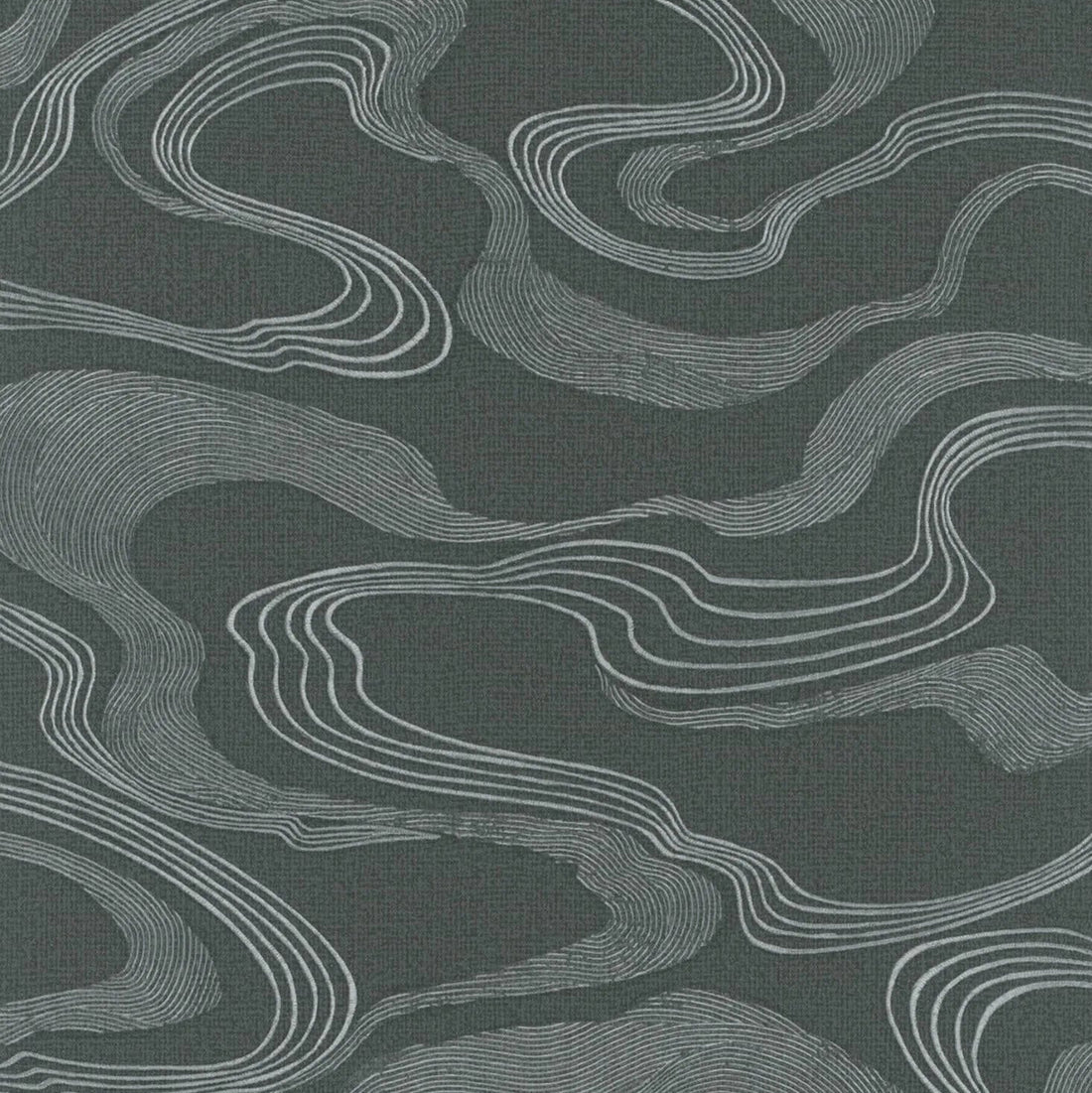 Marburg Kumano 34537 abstract olive green wallpaper with flowing graphic linework and a subtle fabric-effect texture.
