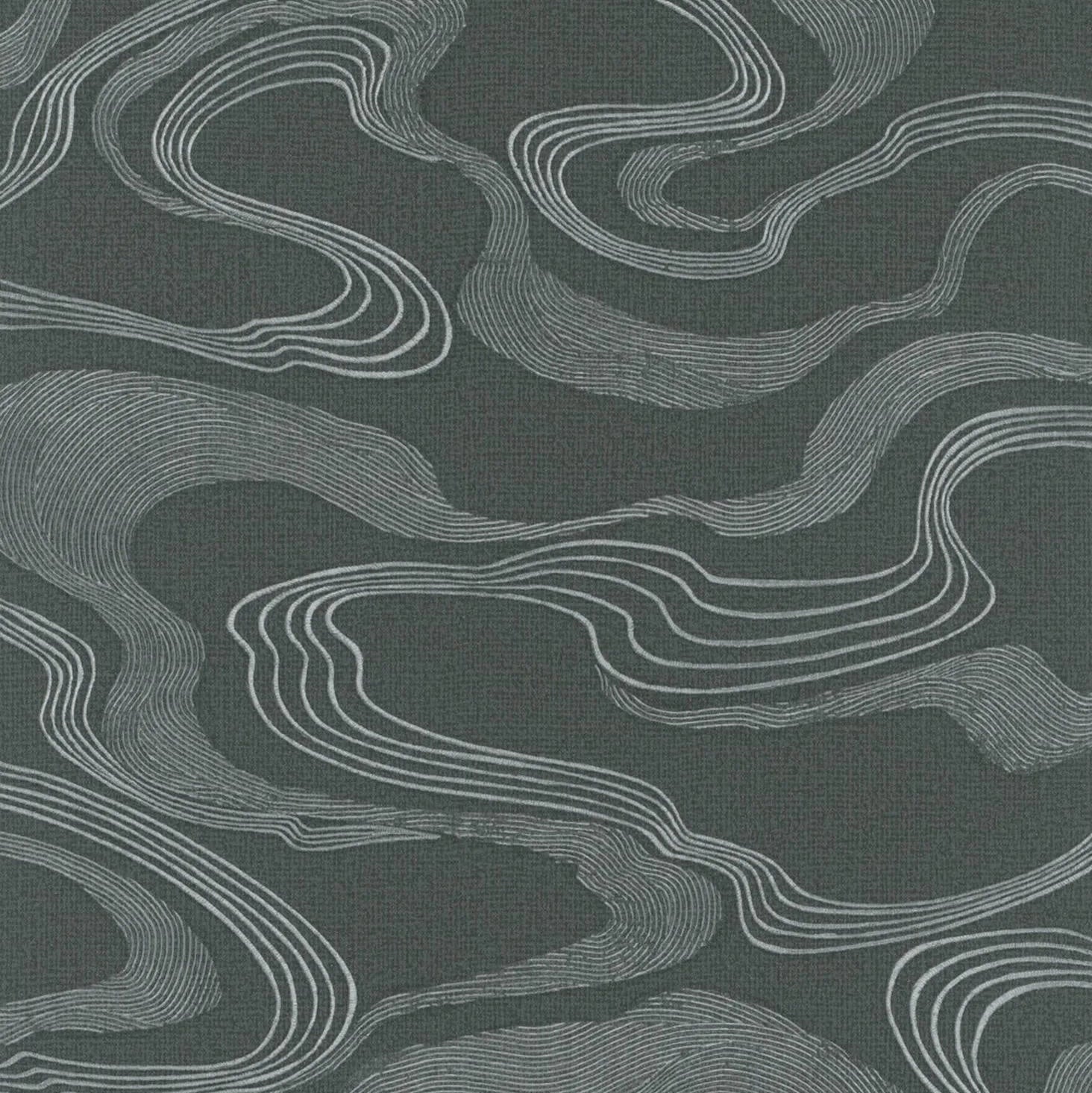 Marburg Kumano 34537 abstract olive green wallpaper with flowing graphic linework and a subtle fabric-effect texture.