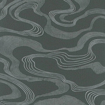 Marburg Kumano 34537 abstract olive green wallpaper with flowing graphic linework and a subtle fabric-effect texture.