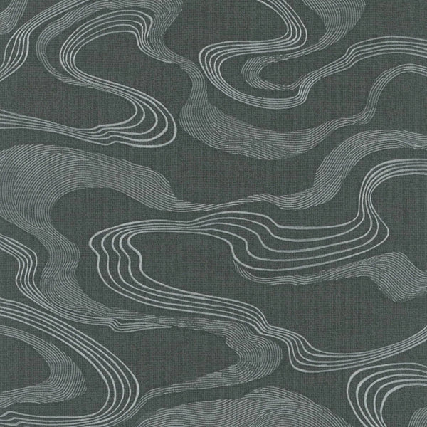 Marburg Kumano 34537 abstract olive green wallpaper with flowing graphic linework and a subtle fabric-effect texture.