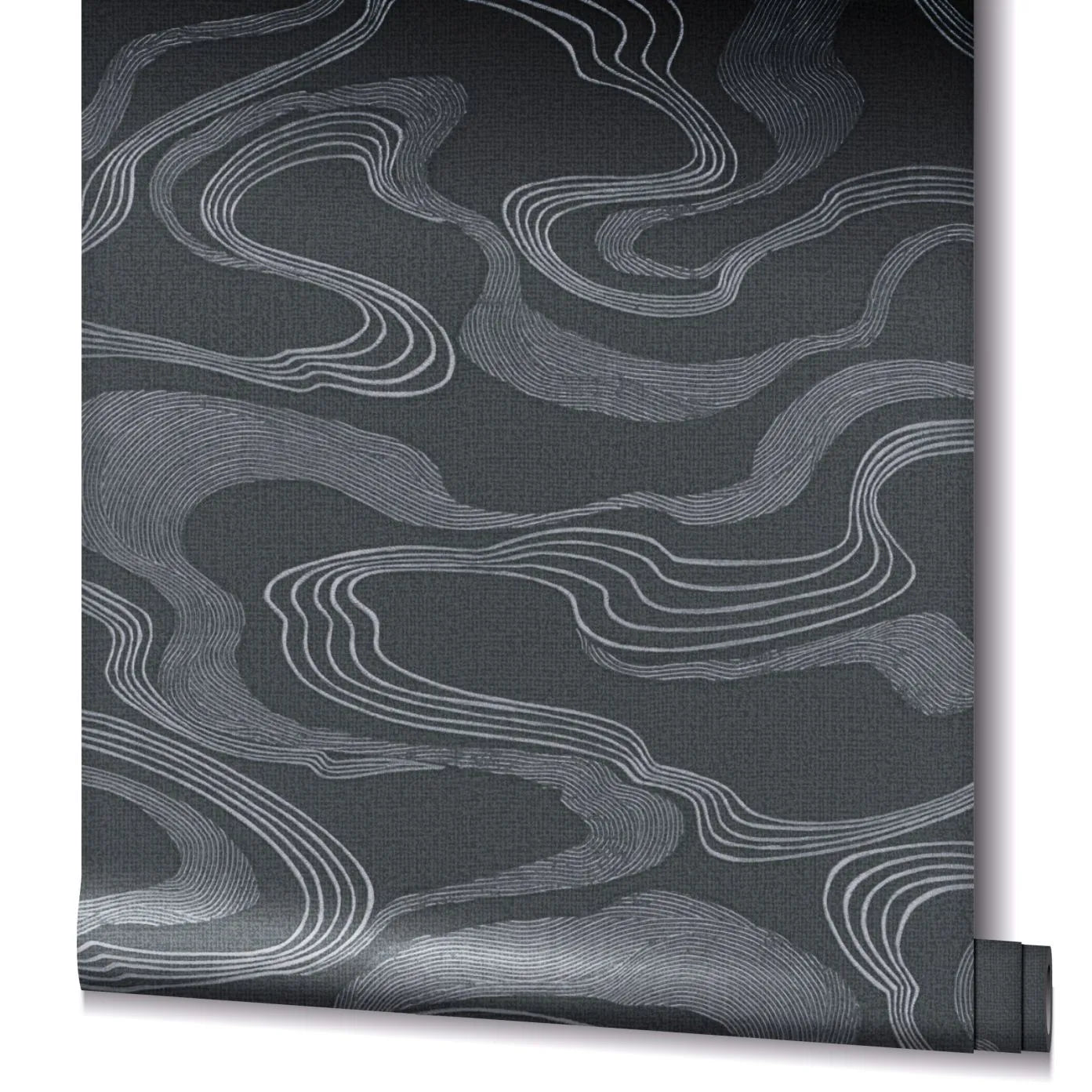 Marburg Kumano 34537 Partially unrolled wallpaper roll showing a dark ground with light grey wavy contour lines.