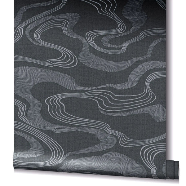 Marburg Kumano 34537 Partially unrolled wallpaper roll showing a dark ground with light grey wavy contour lines.
