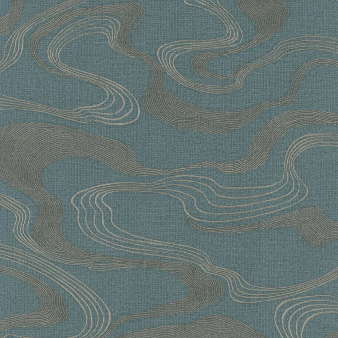 Marburg Kumano 34538 abstract wavy line wallpaper in dusty blue with graphite and light contour stripes on a fabric-effect ground