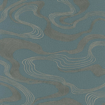 Marburg Kumano 34538 abstract wavy line wallpaper in dusty blue with graphite and light contour stripes on a fabric-effect ground