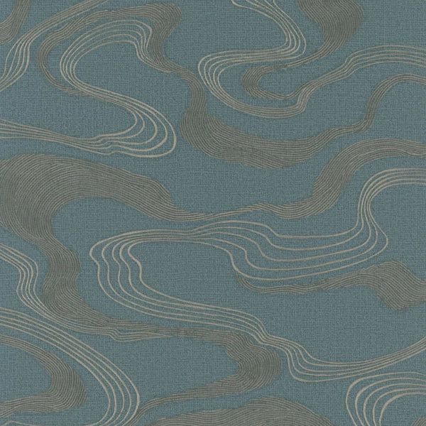 Marburg Kumano 34538 abstract wavy line wallpaper in dusty blue with graphite and light contour stripes on a fabric-effect ground