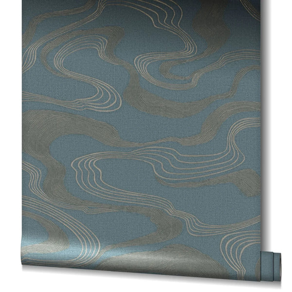 Marburg Kumano 34538 Partially unrolled wallpaper roll showing a blue background with flowing layered wavy lines in a light metallic tone.