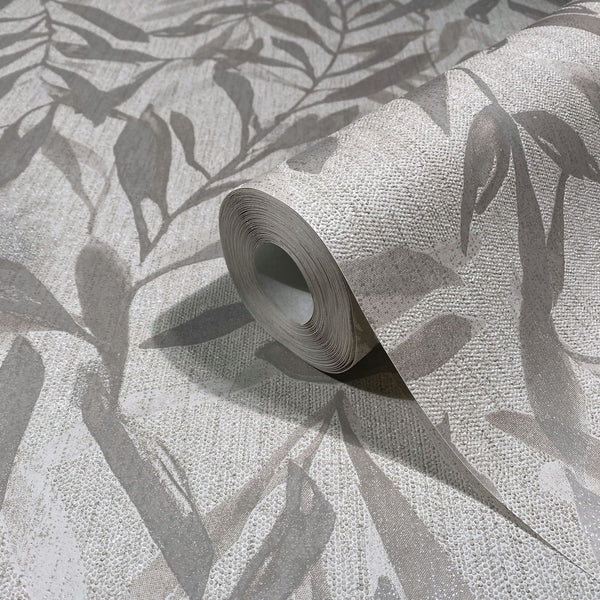 Marburg Leyla 82440 Wallpaper roll on a matching unrolled sheet featuring a beige and gray leafy design with a raised dotted texture.